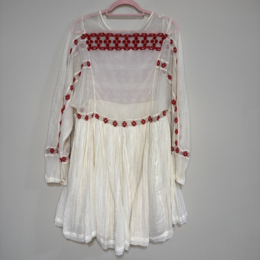 NWT Free People Women Need Me Mini Flowy Dress Ivory Long Sleeve Red Embroidery - Picture 4 of 16